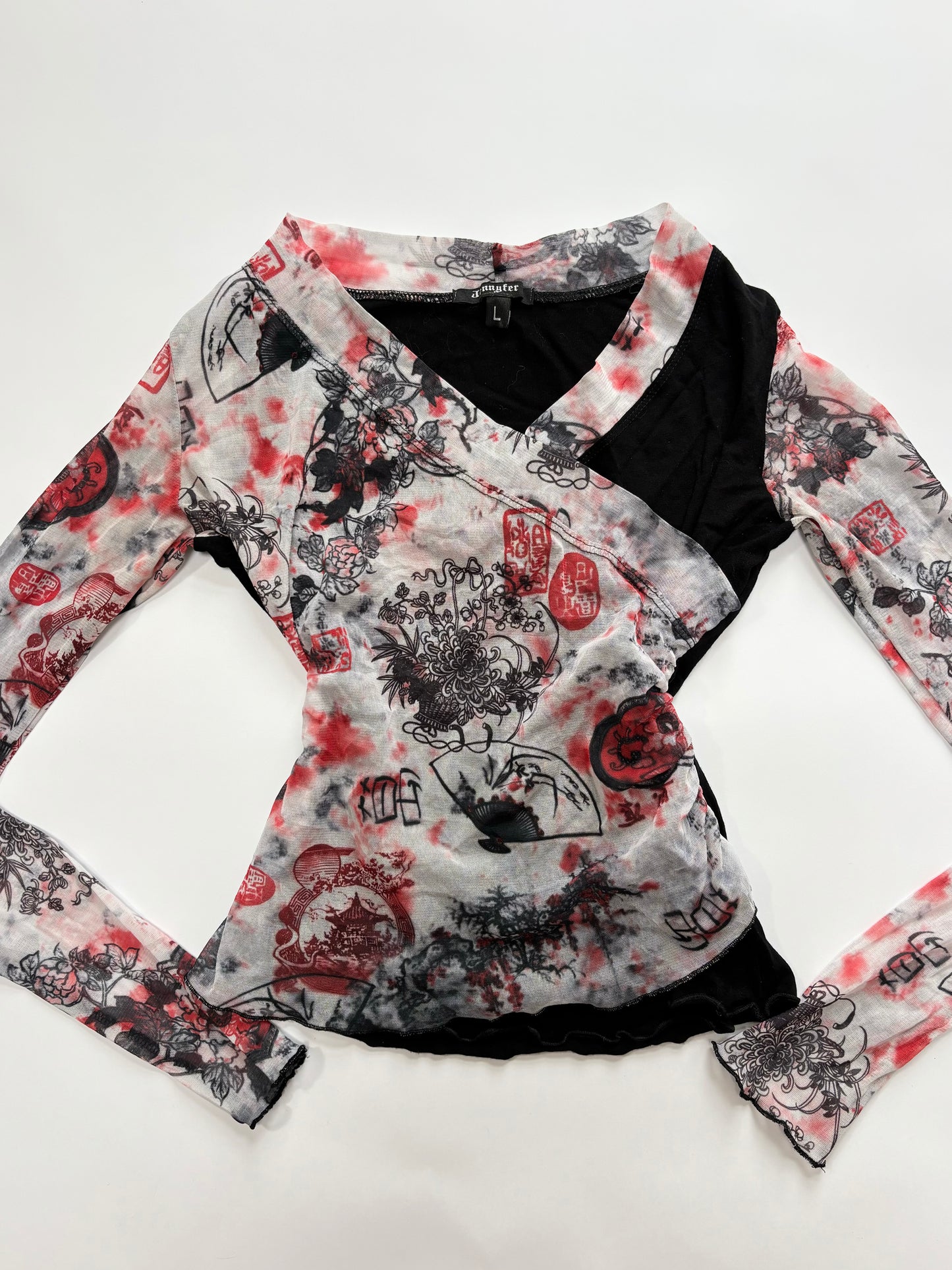 long sleeve oriental mesh wrap top