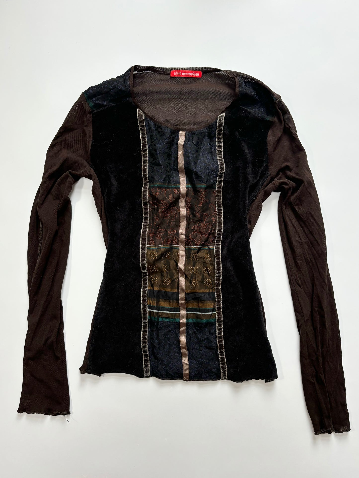 long sleeve brown velvet mesh top