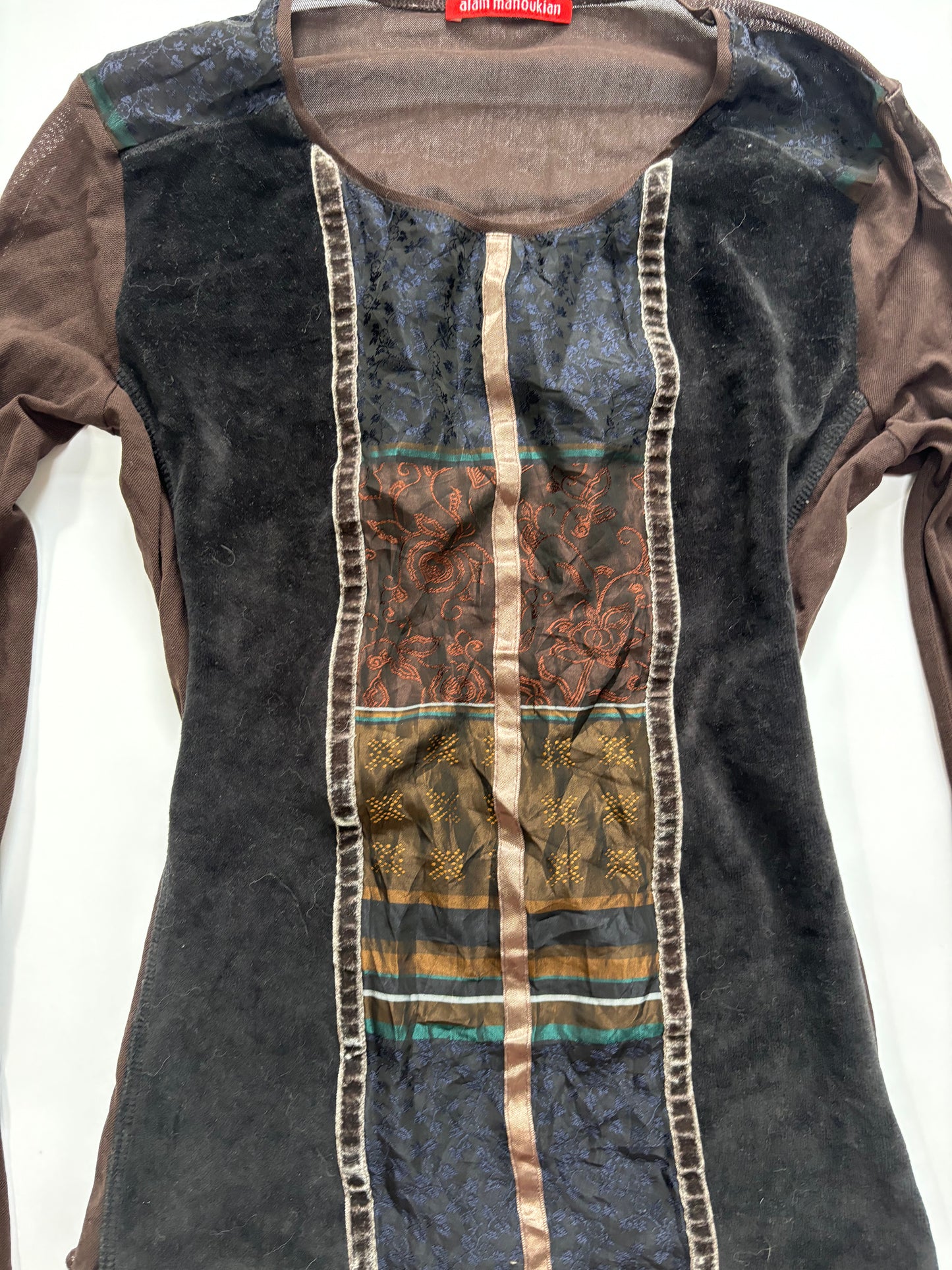 long sleeve brown velvet mesh top