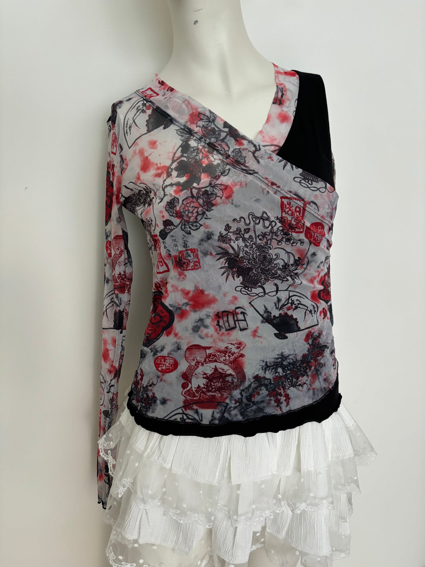 long sleeve oriental mesh wrap top
