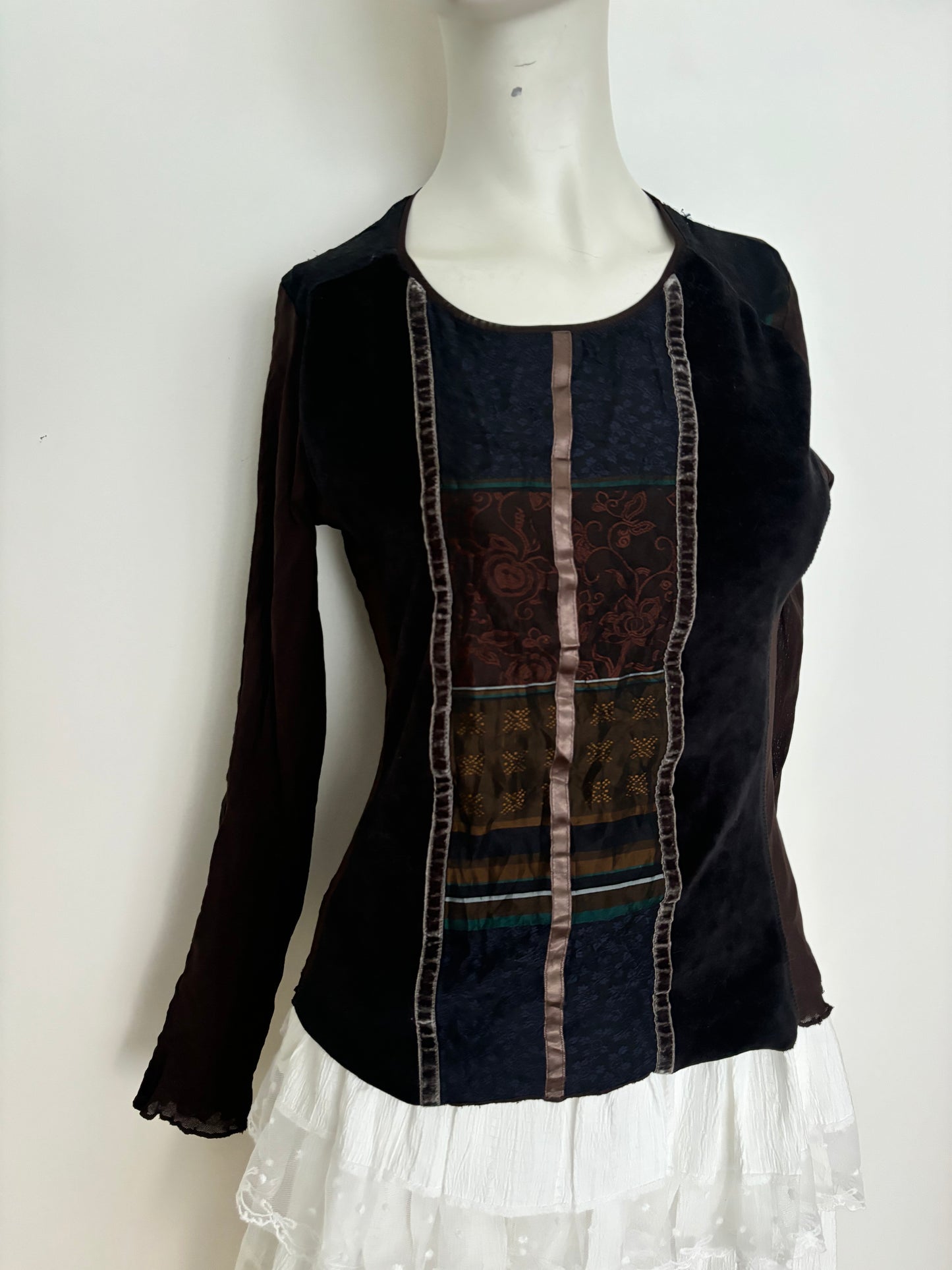 long sleeve brown velvet mesh top