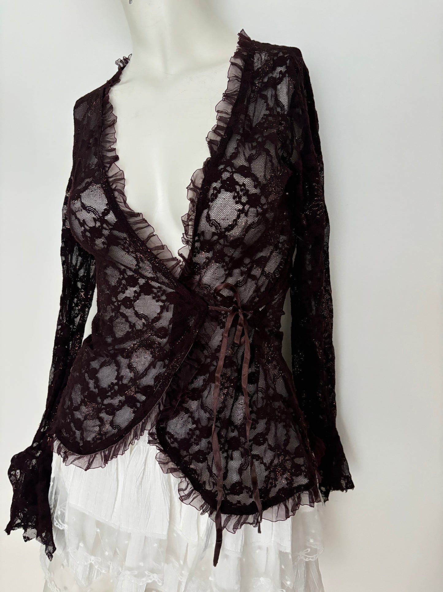 brown wrap sparkly lace cardigan