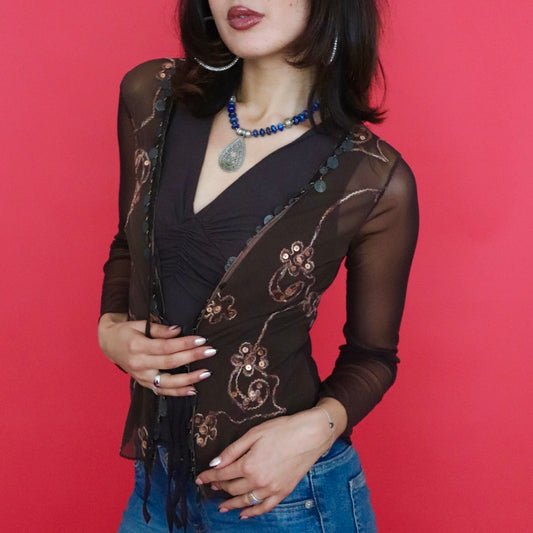 embroidered coin mesh long sleeve cardigan