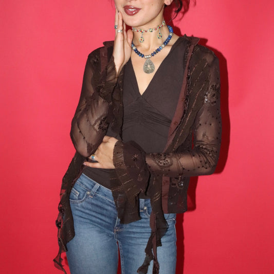 embroidered brown long sleeve wrap cardigan