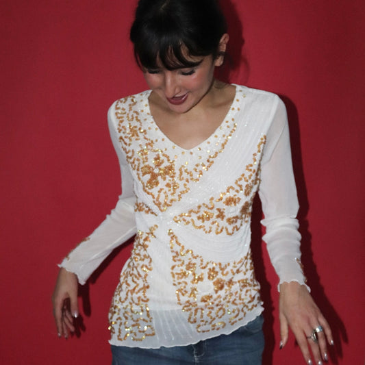 long white beaded mesh top