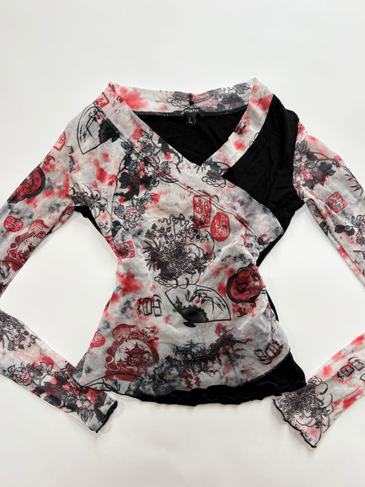 long sleeve oriental mesh wrap top