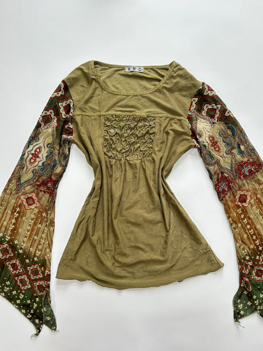 green long sleeve top with coin details