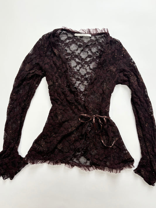 brown wrap sparkly lace cardigan