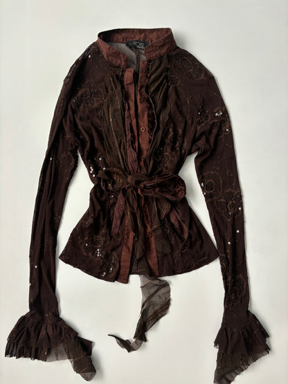 embroidered brown long sleeve wrap cardigan