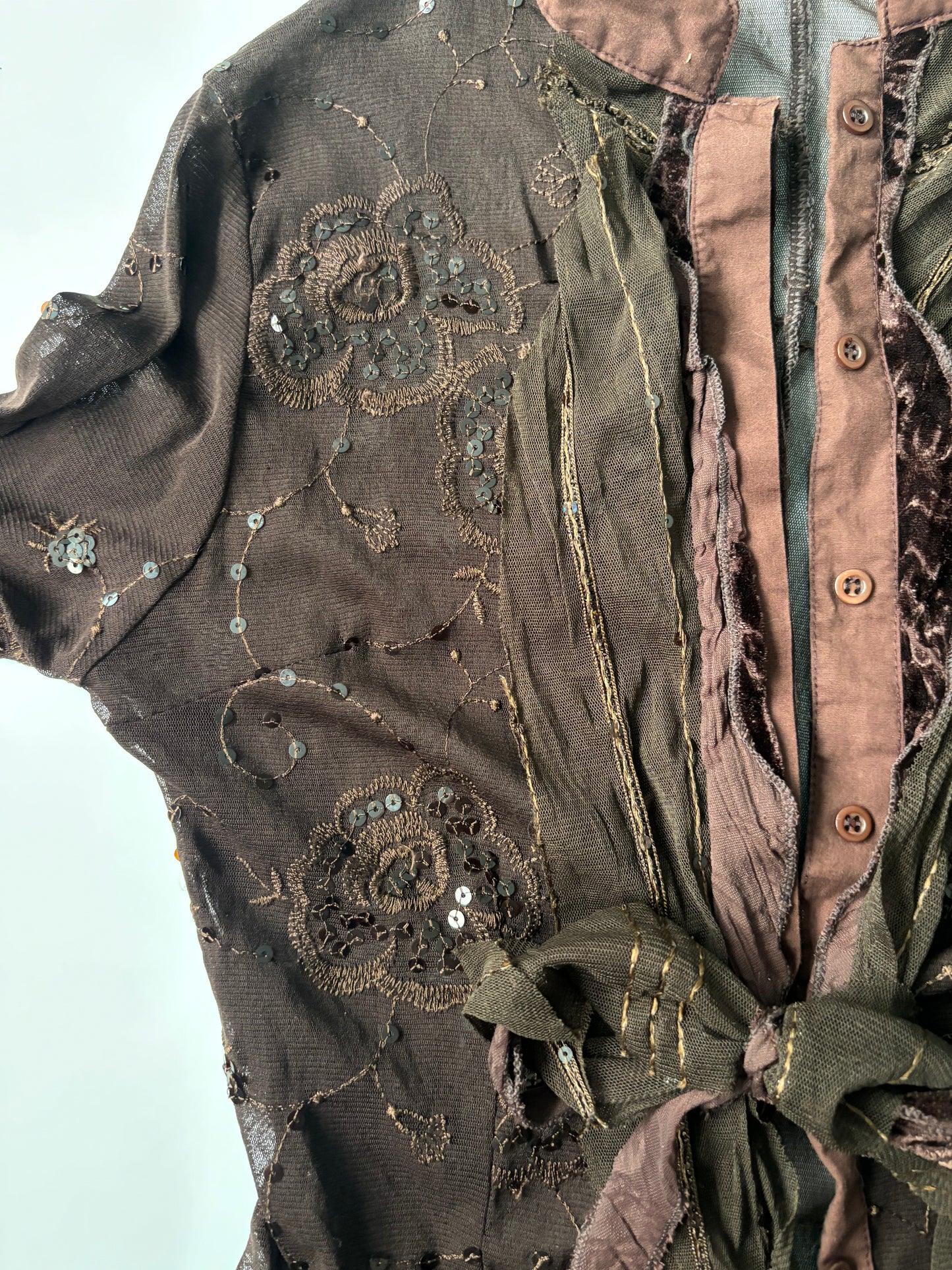 embroidered brown long sleeve wrap cardigan