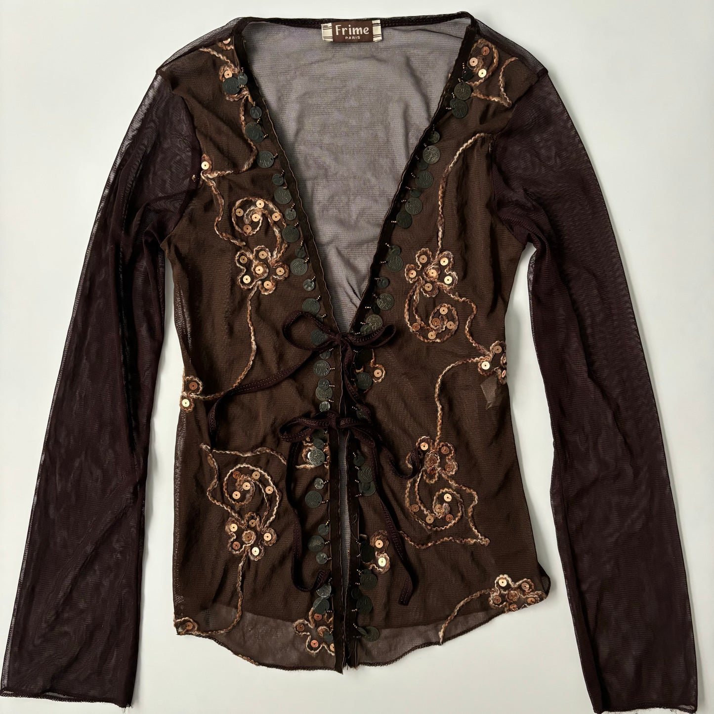 embroidered coin mesh long sleeve cardigan