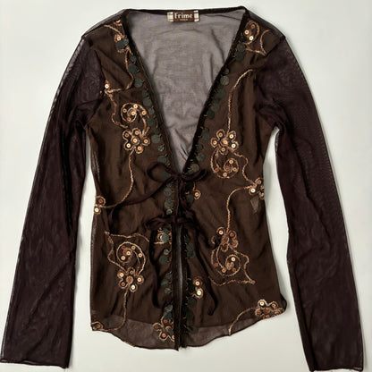 embroidered coin mesh long sleeve cardigan