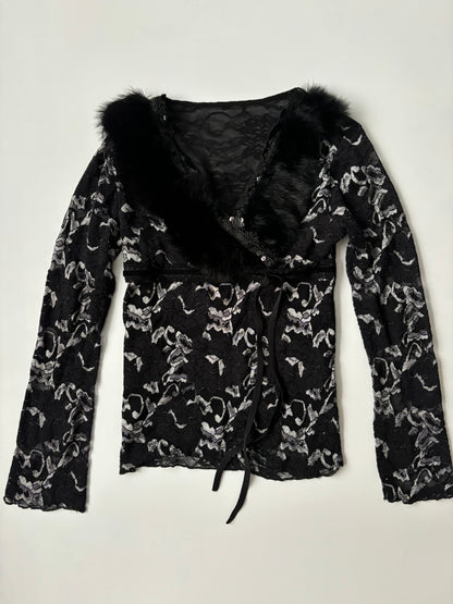 fur 2/3 sleeve wrap top