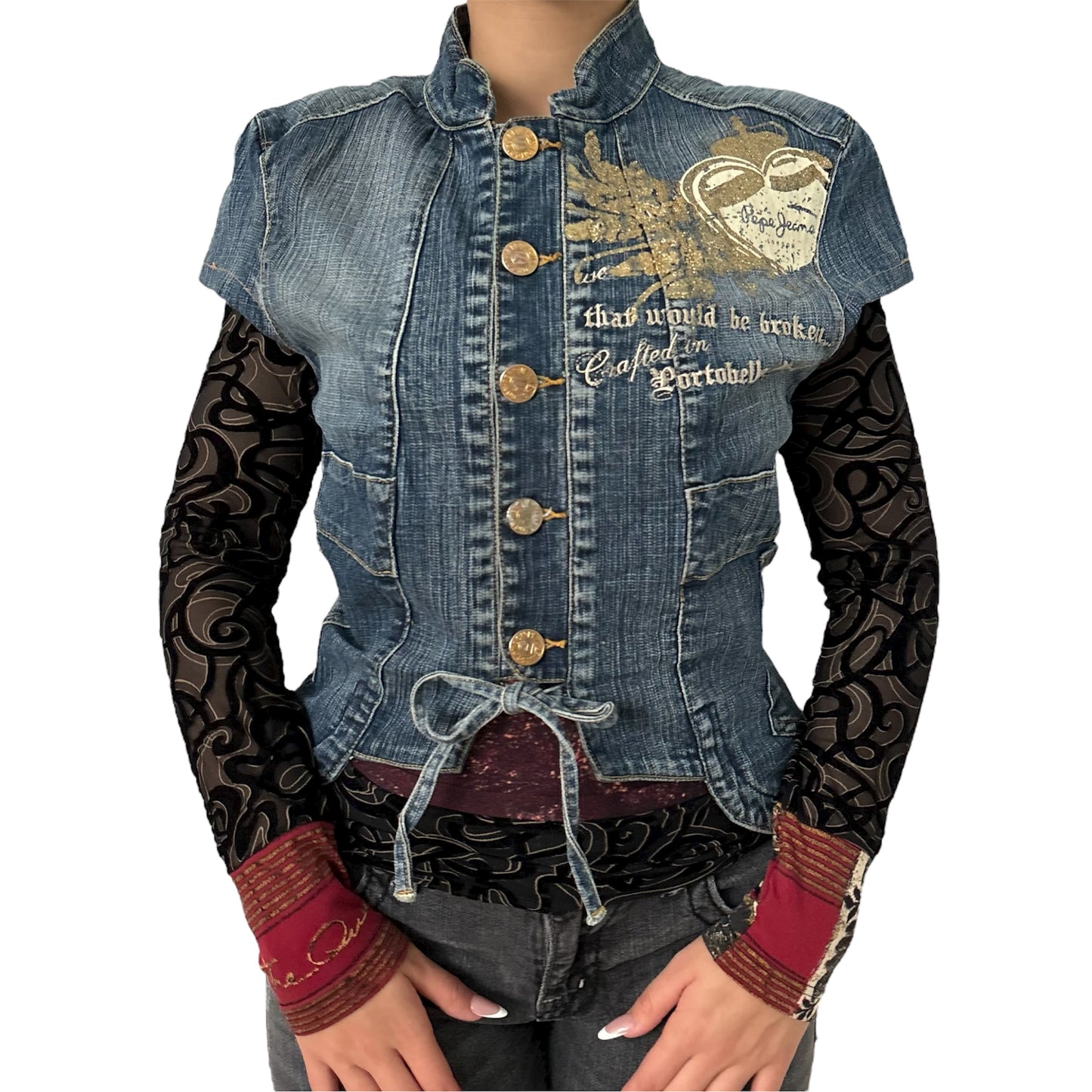 pepe jeans tie up short sleeve denim jacket