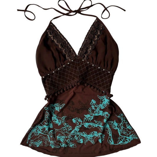 Brown and Blue beaded halterneck